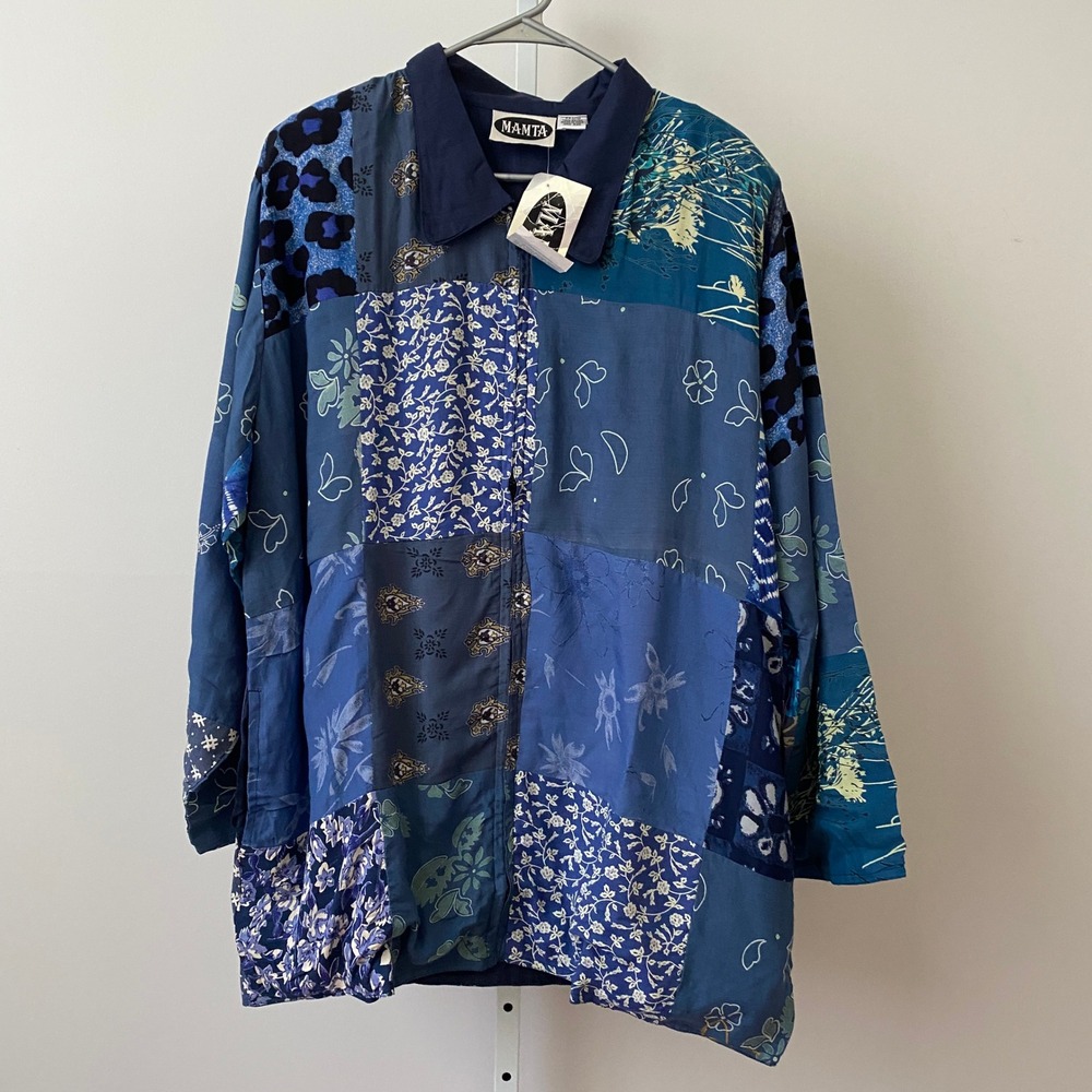 VTG 90s Mamta Boho Lagenlook Quirky Shabby Relaxed Patchwork Zip Jacket OS Blue